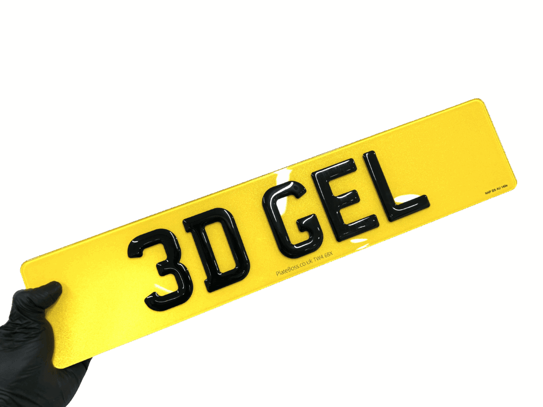 3D vs 4D number plates: a PlateBoss 3D gel plate with glossy raised characters