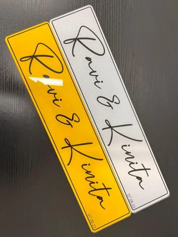 Close-up of a personalised wedding number plate