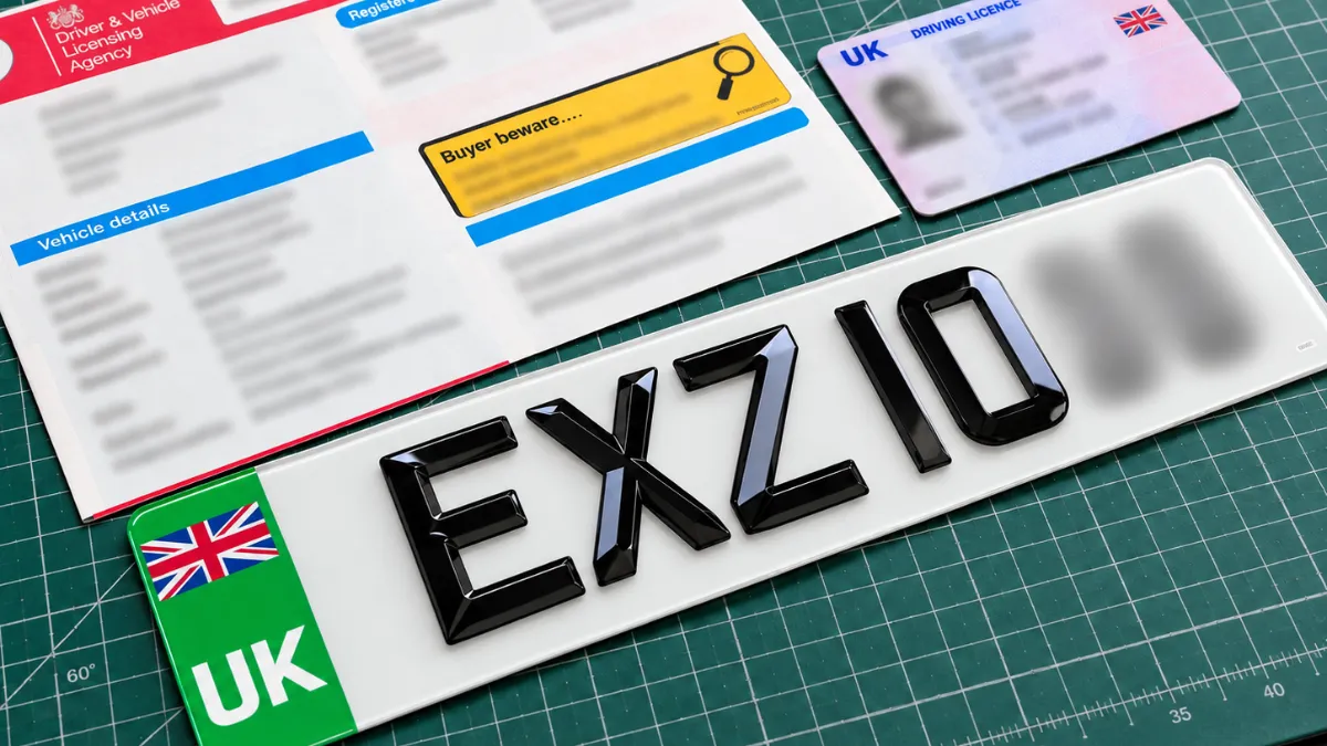 Documents needed for number plates: V5C logbook and driving licence next to a new road-legal plate