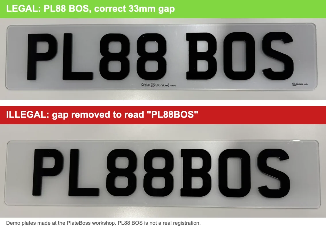 Number plate MOT fail risk: legal PL88 BOS spacing compared with an illegally spaced demo plate
