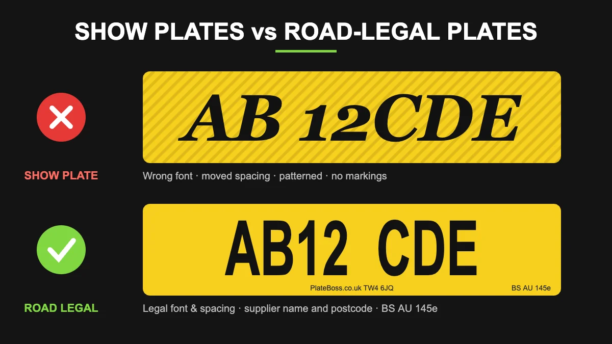 Show plates vs road-legal plates: an italic, patterned show plate next to a legal plate with the supplier name and BS AU 145e mark
