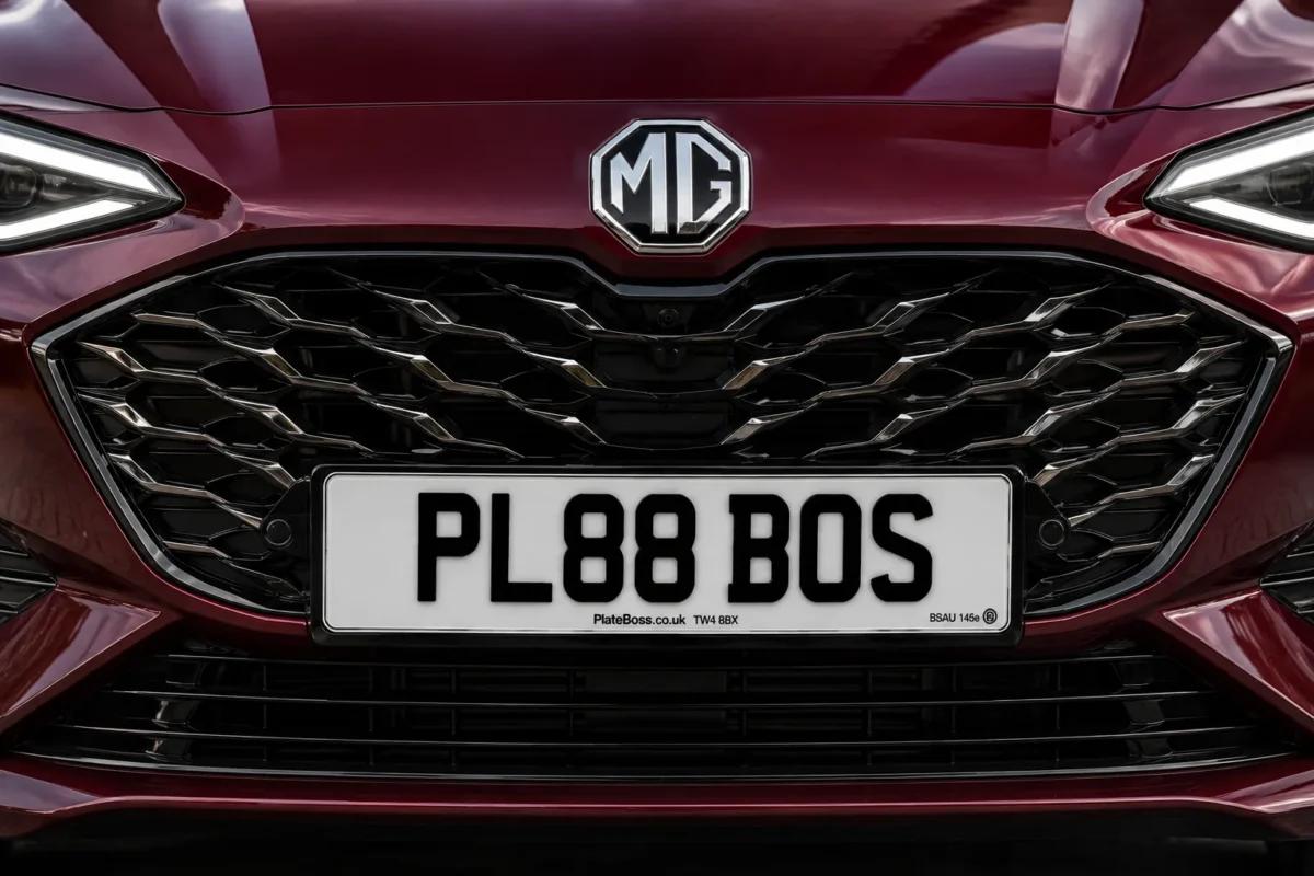 Not black and silver number plates: standard road-legal white front plate on a red MG, demo registration PL88 BOS